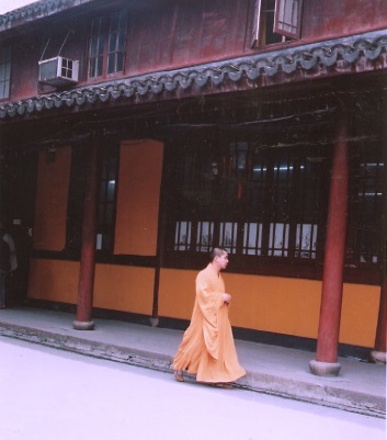 Photographie d'un moine, marchant, vtu d'une tenue orange