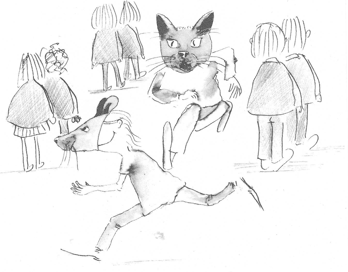 dessin en noir et blanc d'enfants jouant  chat, le chat porte un masque en forme de tte de chat